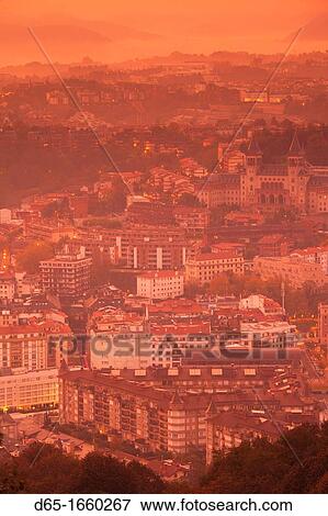 Spain, Basque Country Region, Guipuzcoa Province, San Sebastian, elevated town view from Monte Igueldo, dawn View Large Photo Image Stock Photo - Spain, Basque Country Region, Guipuzcoa Province, San Sebastian, elevated town view from Monte Igueldo, dawn. Fotosearch