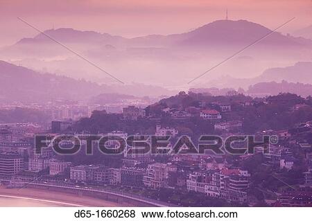 Spain, Basque Country Region, Guipuzcoa Province, San Sebastian, elevated town view from Monte Igueldo, dawn View Large Photo Image Stock Photo - Spain, Basque Country Region, Guipuzcoa Province, San Sebastian, elevated town view from Monte Igueldo, dawn. Fotosearch