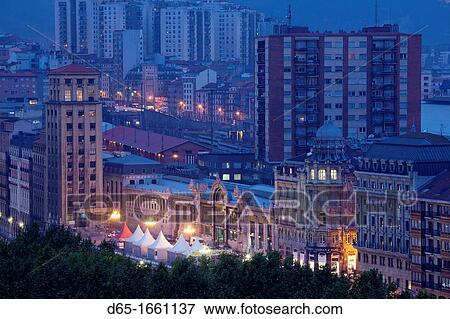 Spain, Basque Country Region, Vizcaya Province, Bilbao, elevated city view from Parque Etxebarria park, evening View Large Photo Image Stock Photo - Spain, Basque Country Region, Vizcaya Province, Bilbao, elevated city view from Parque Etxebarria park, evening. Fotosearch