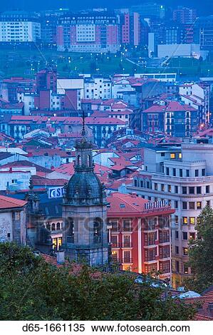 Spain, Basque Country Region, Vizcaya Province, Bilbao, elevated city view from Parque Etxebarria park, evening View Large Photo Image Stock Photography - Spain, Basque Country Region, Vizcaya Province, Bilbao, elevated city view from Parque Etxebarria park, evening. Fotosearch