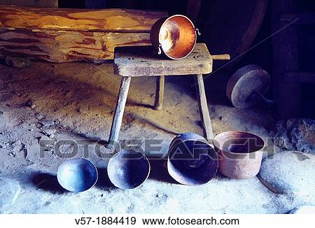 Stock Photo - Spain, Castilla Leon, Segovia province, Martinete de Navafria, Copper pots. Fotosearch