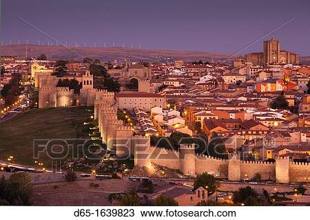 Spain, Castilla y Leon Region, Avila Province, Avila, Las Murallas, town walls, elevated view, evening View Large Photo Image Stock Image - Spain, Castilla y Leon Region, Avila Province, Avila, Las Murallas, town walls, elevated view, evening. Fotosearch