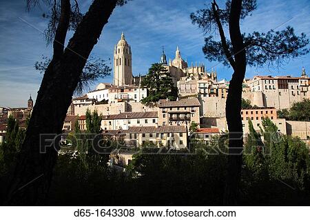 Stock Photo - Spain, Castilla y Leon Region, Segovia Province, Segovia, town view with Segovia Cathedral. Fotosearch