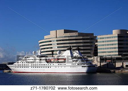Stock Image - Spain, Catalonia, Barcelona, World Trade Center, cruise ship,. Fotosearch