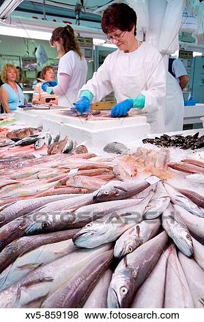Spain. Catalua. Girona. Costa Brava. Baix Empord?. Sant Feli de Guixols, fish market. View Large Photo Image Stock Photo - Spain. Catalua. Girona. Costa Brava. Baix Empord?. Sant Feli de Guixols, fish market.. Fotosearch