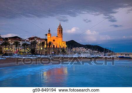 Spain, Catalunia Catalunya, Sitges, Sant Bartomeu i Santa Tecla Church View Large Photo Image Picture - Spain, Catalunia Catalunya, Sitges, Sant Bartomeu i Santa Tecla Church. Fotosearch