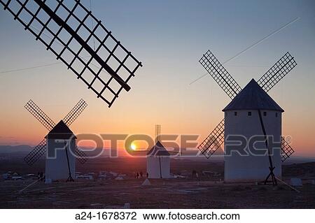 Stock Image - Spain, La Mancha Region, Campo de Criptana Region, windmills. Fotosearch
