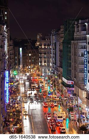 Spain, Madrid, Centro Area, elevated view of the Gran Via, evening View Large Photo Image Stock Photo - Spain, Madrid, Centro Area, elevated view of the Gran Via, evening. Fotosearch