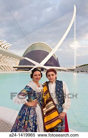 Spain, Valencia Comunity, Valencia City, The City of Arts and Science built by Calatrava, Couple in traditional outfit. View Large Photo Image Stock Photography - Spain, Valencia Comunity, Valencia City, The City of Arts and Science built by Calatrava, Couple in traditional outfit.. Fotosearch