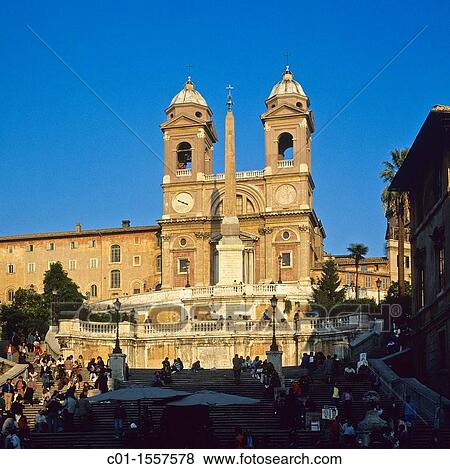 Spanish steps and Santissima Trinita dei Monti church at sunset, Rome, Italy View Large Photo Image Stock Photo - Spanish steps and Santissima Trinita dei Monti church at sunset, Rome, Italy. Fotosearch
