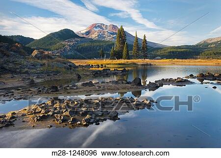 Sparks Lake and South Sister volcano, Willamette National Forest Oregon View Large Photo Image Stock Photograph - Sparks Lake and South Sister volcano, Willamette National Forest Oregon. Fotosearch