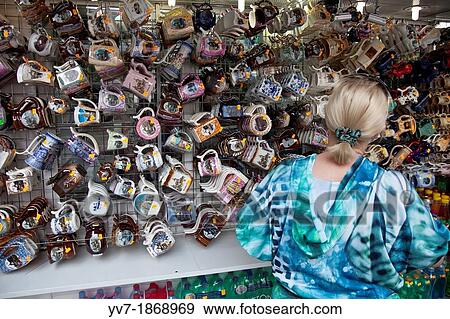 Stock Photo - Specialized stand in decanters, with endless forms and colours for all likes Karlovy Vary, Bohemia, Czech Republic, Europe. Fotosearch