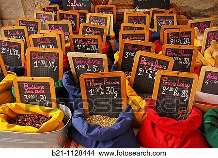 Spices on the weekly open air market, Creon, Gironde, Aquitaine, France View Large Photo Image Picture - Spices on the weekly open air market, Creon, Gironde, Aquitaine, France. Fotosearch