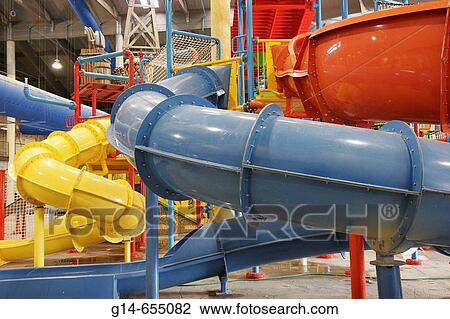 Stock Image - Splash Universe Water Park Resorts, water slides, enclosed tubes, under construction. Shipshewana. Indiana. USA.. Fotosearch