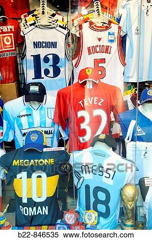Sports shop selling basketball and football (soccer) shirts, Buenos Aires, Argentina View Large Photo Image Stock Photography - Sports shop selling basketball and football (soccer) shirts, Buenos Aires, Argentina. Fotosearch
