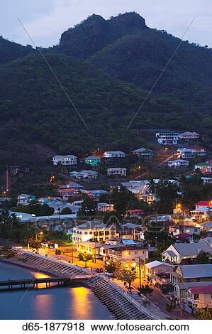 St Vincent and the Grenadines, St Vincent, Leeward Coast, Layou, elevated town view, dusk View Large Photo Image Stock Photo - St Vincent and the Grenadines, St Vincent, Leeward Coast, Layou, elevated town view, dusk. Fotosearch