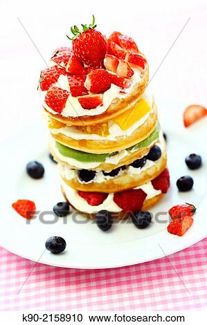 Stack of pancakes with berries and White cream on a white plate, Hong Kong, China, Asia View Large Photo Image Stock Image - Stack of pancakes with berries and White cream on a white plate, Hong Kong, China, Asia. Fotosearch