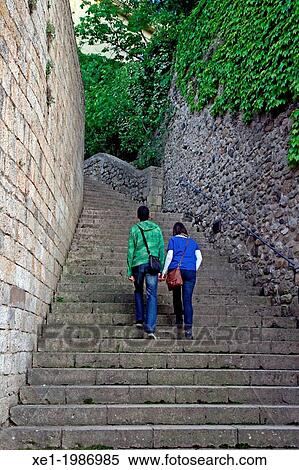 Stairs, stone wall, Besalu, Catalonia, Spain View Large Photo Image Stock Photography - Stairs, stone wall, Besalu, Catalonia, Spain. Fotosearch