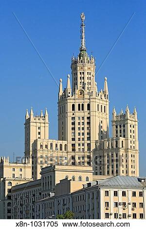 Stock Photography - Stalin era sky scraper, view from Moskva river, Moscow, Russia. Fotosearch