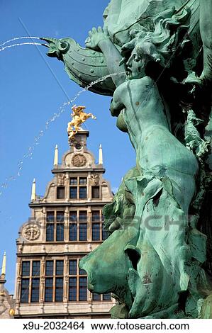 Statue of Brabo and the giant's hand fountain and 16th-century Guildhouse at the market square Grote Markt in Antwerp, Belgium, Europe. View Large Photo Image Picture - Statue of Brabo and the giant's hand fountain and 16th-century Guildhouse at the market square Grote Markt in Antwerp, Belgium, Europe.. Fotosearch