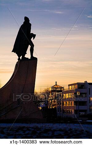 Statue of Leifur Eiriksson Leif Ericson at sunset Hallgrimskirkja church, downtown Reykjavik, Iceland He was a Norse explorer who was probably the first European to land in North America excluding Greenland View Large Photo Image Stock Image - Statue of Leifur Eiriksson Leif Ericson at sunset Hallgrimskirkja church, downtown Reykjavik, Iceland He was a Norse explorer who was probably the first European to land in North America excluding Greenland. Fotosearch