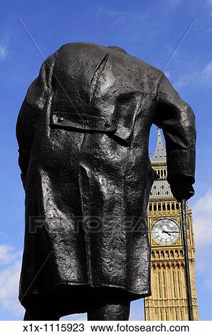 Stock Image - Statue of Sir Winston Churchill and Big Ben, Parliament Square, Westminster, London, England, UK. Fotosearch