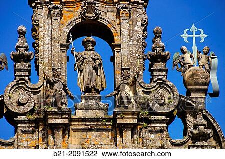 Statue of St James the Apostle on the top of the cathedral fa? ade, Santiago de Compostela, Way of St James, A Corua province, Galicia, Spain View Large Photo Image Stock Image - Statue of St James the Apostle on the top of the cathedral fa? ade, Santiago de Compostela, Way of St James, A Corua province, Galicia, Spain. Fotosearch