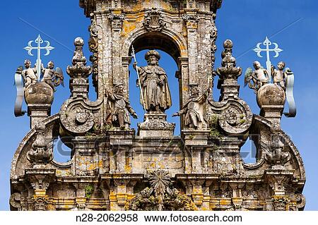 Statue of St James the Apostle on the top of the cathedral fa? ade, World Heritage Site, Santiago de Compostela, Way of St James, A Corua province, Galicia, Spain View Large Photo Image Stock Photo - Statue of St James the Apostle on the top of the cathedral fa? ade, World Heritage Site, Santiago de Compostela, Way of St James, A Corua province, Galicia, Spain. Fotosearch