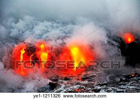 Steam rising off lava flowing into ocean, Kilauea Volcano, Hawaii Islands, United States View Large Photo Image Stock Photograph - Steam rising off lava flowing into ocean, Kilauea Volcano, Hawaii Islands, United States. Fotosearch
