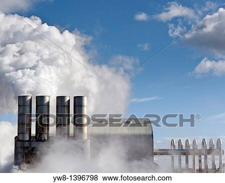 Stock Photo - Steaming pipes at Svartsengi Geothermal Power Plant, Reykjanes Peninsula, Iceland. Fotosearch