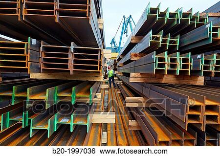 Stock Photograph - Steel Girders, Siderurgical products, Pasajes Port, Gipuzkoa, Basque Country, Spain.. Fotosearch