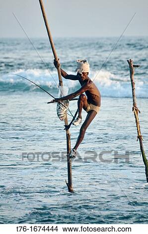 Picture - stilt fisherman on his pole in the Indian Ocean, an age old tradition in Midigama, Sri Lanka. Fotosearch
