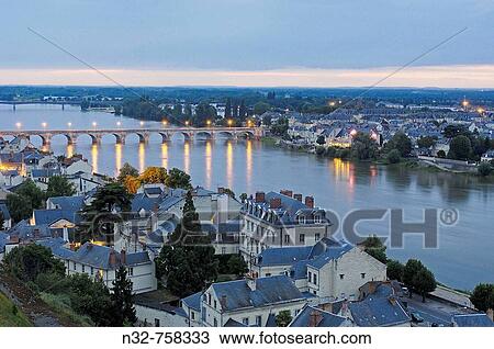 Stone Bridge and Loire River at dusk. Maine_et_Loire. Saumur. Loire Valley. France View Large Photo Image Stock Image - Stone Bridge and Loire River at dusk. Maine_et_Loire. Saumur. Loire Valley. France. Fotosearch