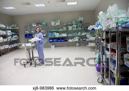 Stock Photograph - Store of sterilized surgical instruments and supplies, operating room. Hospital Policlinica Gipuzkoa, San Sebastian, Donostia, Euskadi, Spain. Fotosearch
