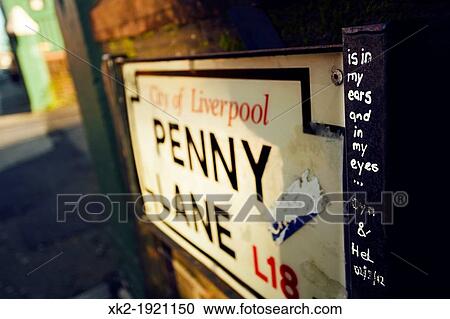 Stock Image - Street sign in Penny Lane, Beatles song written in typex, Liverpool, UK. Fotosearch