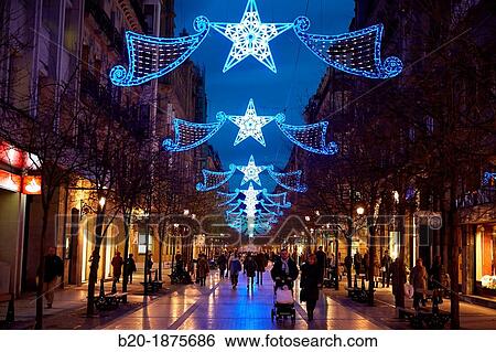 Street with Christmas lights, Getaria street, San Sebastian, Donostia, Gipuzkoa, Basque Country, Spain. View Large Photo Image Stock Photograph - Street with Christmas lights, Getaria street, San Sebastian, Donostia, Gipuzkoa, Basque Country, Spain.. Fotosearch