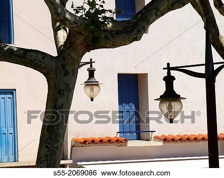 Stock Photograph - Streetlights. Colliure, France.. Fotosearch