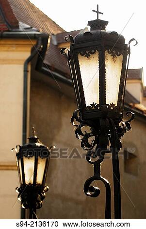 Stock Image - Streetlights in a street of Bratislava, Slovakia.. Fotosearch
