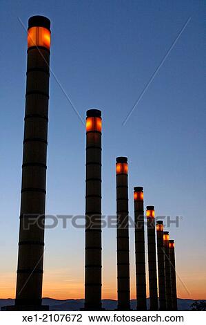 Stock Image - Streetlights, Olympic Ring, Montjuic, Barcelona, Catalonia, Spain. Fotosearch