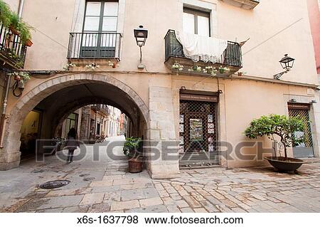 Stock Photo - Streets near the city town in Girona, Spain. Fotosearch