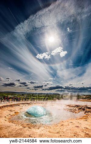 Picture - Strokkur geyser about to erupt, Iceland.. Fotosearch