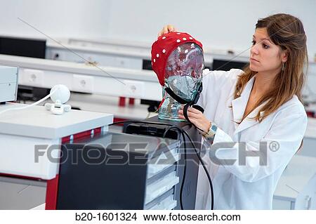 Picture - Student in the Biomedical Instrumentation Laboratory, Cap for realization of Electroencephalogram, Biomedical Engineering, CEIT (Center of Studies and Technical Research), University of Navarra, Donostia, Gipuzkoa, Basque Country, Spain. Fotosearch