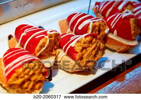 Stock Photo - Stuffed pepper,? pintxos? at Bar Txalupa in old town, Donostia (San Sebastian), Basque Country, Spain. Fotosearch