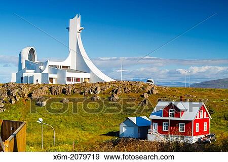 Stock Photo - Stykkis-Holmur church. Snafellsnes peninsula. Iceland, Europe.. Fotosearch