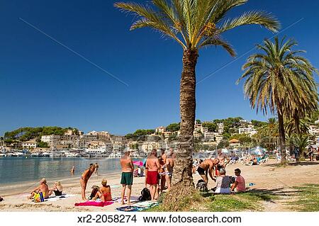 Summertime on the beach of Port de S? ller, Mallorca. View Large Photo Image Picture - Summertime on the beach of Port de S? ller, Mallorca.. Fotosearch