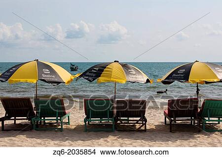 Picture - Sun Loungers on Serendipity Beach in Sihanoukville, Cambodia.. Fotosearch