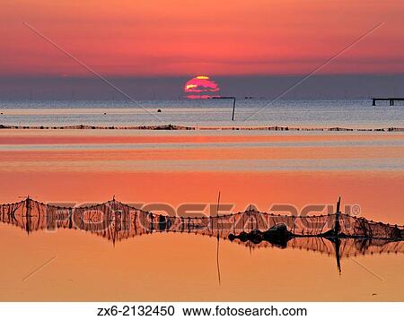 Sunrise at Alfacs Bay with fishing nets. Ebro River Delta Natural Park, Tarragona province, Catalonia, Spain. View Large Photo Image Stock Image - Sunrise at Alfacs Bay with fishing nets. Ebro River Delta Natural Park, Tarragona province, Catalonia, Spain.. Fotosearch