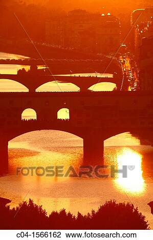 Stock Image - Sunset and Arno river, Florence, Tuscany, Italy. Fotosearch