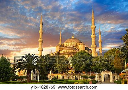 Stock Photo - Sunset over the Sultan Ahmed Mosque Sultanahmet Camii or Blue Mosque, Istanbul, Turkey Built from 1609 to 1616 during the rule of Ahmed I. Fotosearch