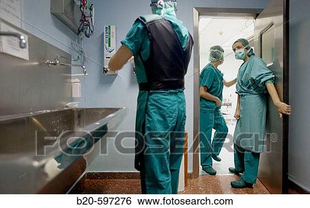 Stock Photograph - Surgeons washing hands, traumatology operation room. Hospital de Zumarraga, Gipuzkoa, Euskadi, Spain. Fotosearch